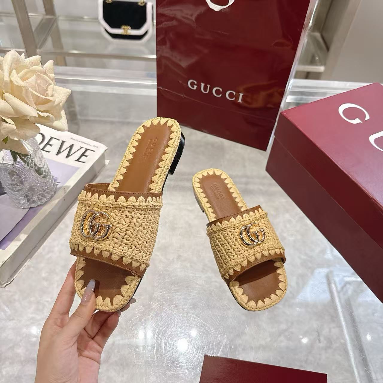Gucci 2026 Slide Sandal Beige mix Brown Raffia Leather
