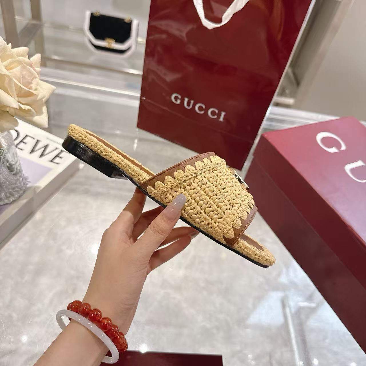 Gucci 2026 Slide Sandal Beige mix Brown Raffia Leather