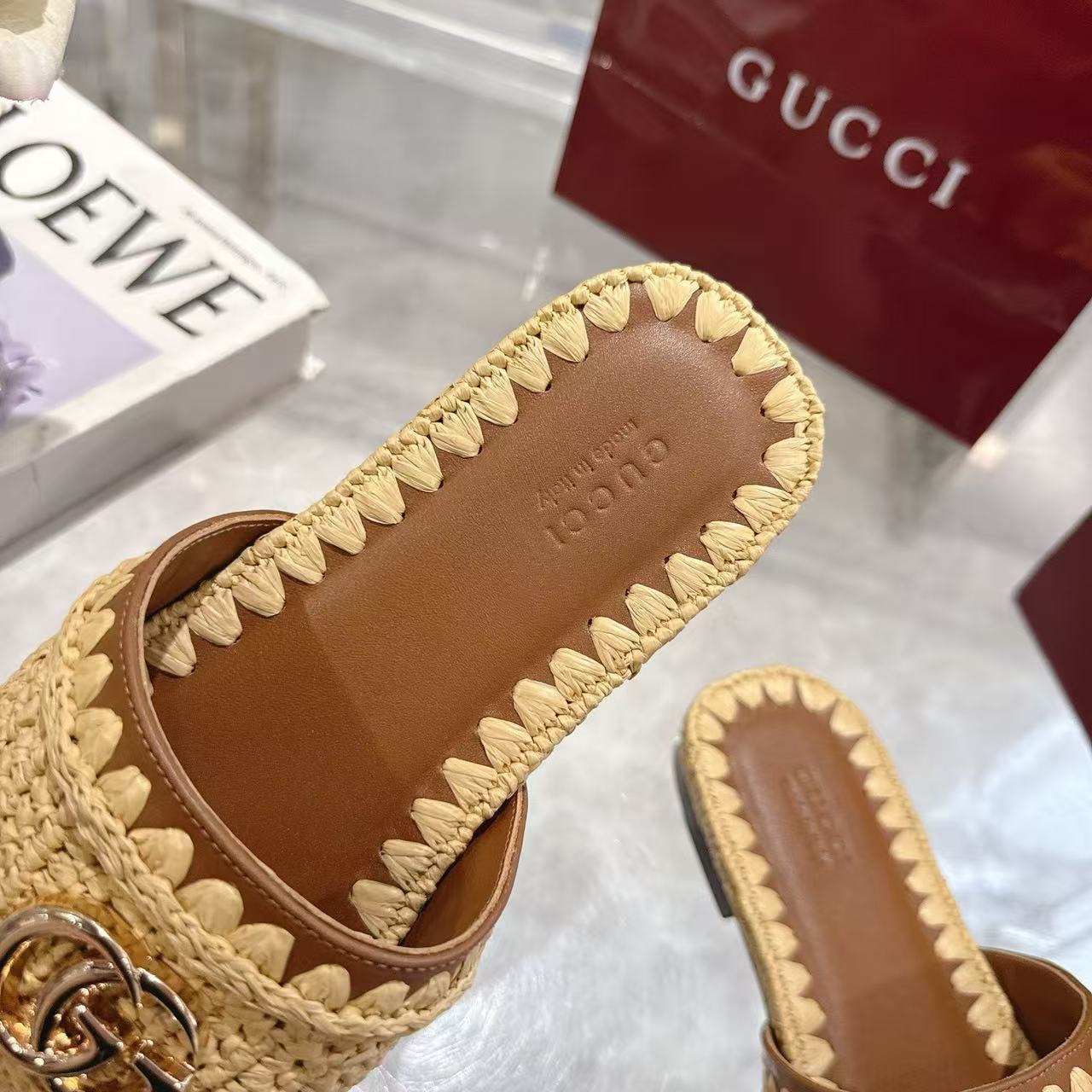Gucci 2026 Slide Sandal Beige mix Brown Raffia Leather