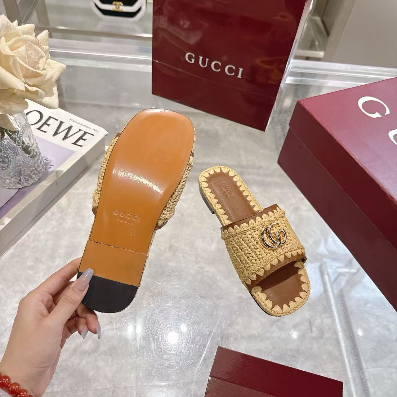 Gucci 2026 Slide Sandal Beige mix Brown Raffia Leather