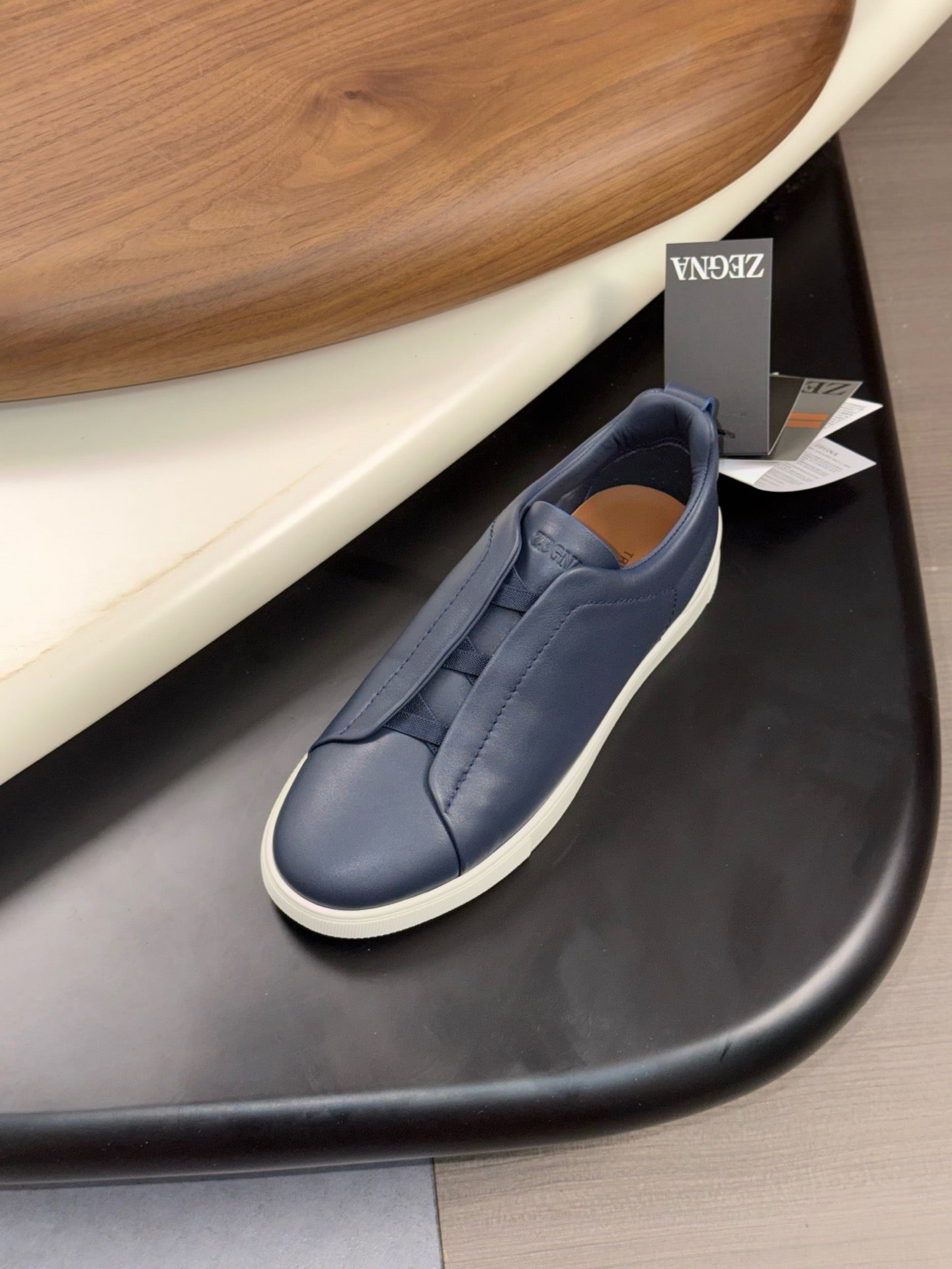 Zegna 2026 Triple Stitch Sneaker Navy Blue White Sheepskin