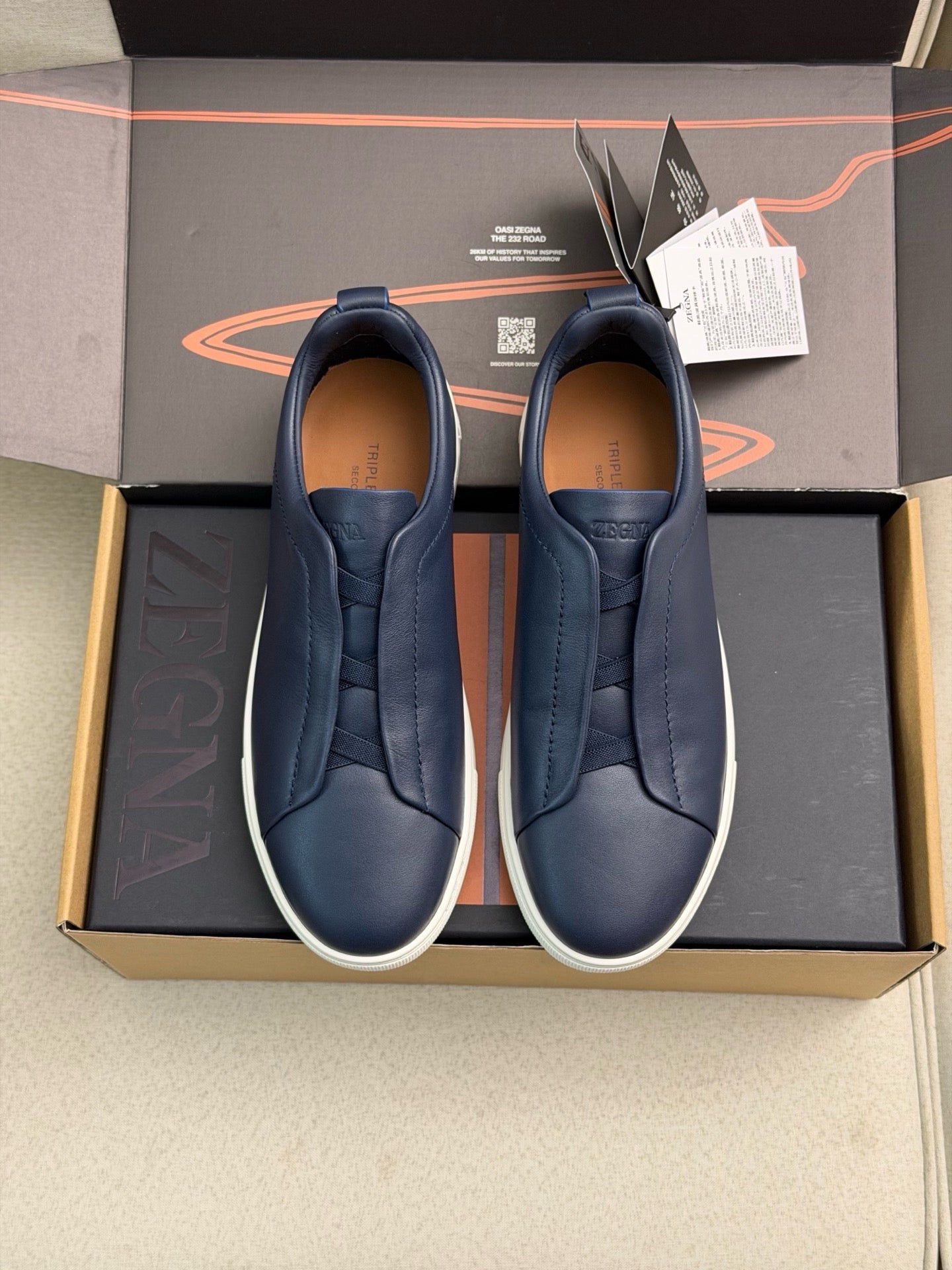 Zegna 2026 Triple Stitch Sneaker Navy Blue White Sheepskin