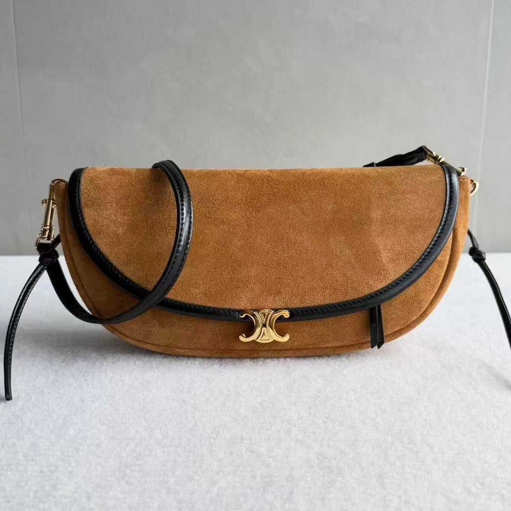 Celine 2026 Little Halfmoon Soft Triomphe Camel With Black Suede Calfskin