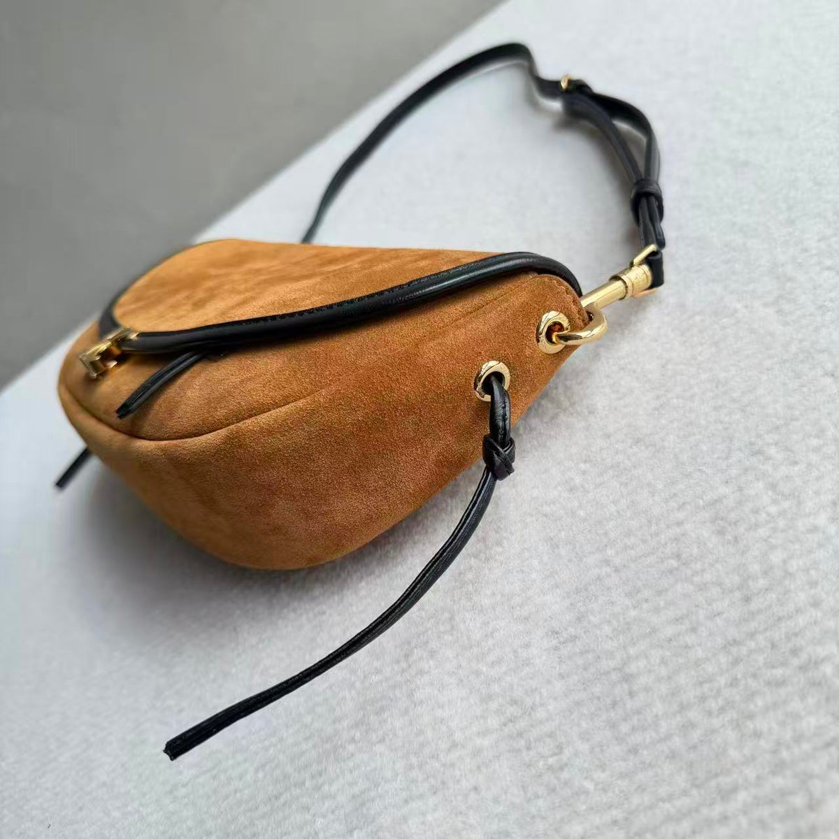 Celine 2026 Little Halfmoon Soft Triomphe Camel With Black Suede Calfskin
