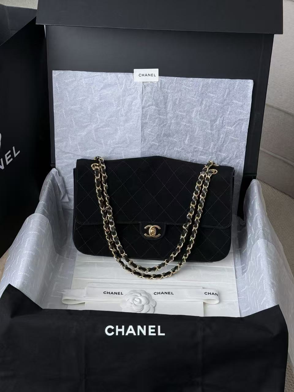 Chanel 2026 Maxi Flap Bag 32cm Black Suede Leather