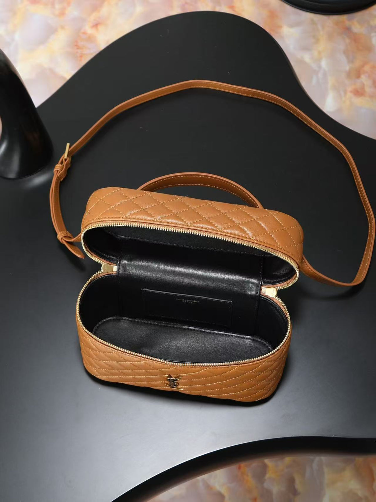 YSL 2026 Gaby Vanity Bag 22.5cm Camel Brown Quilted Lambskin