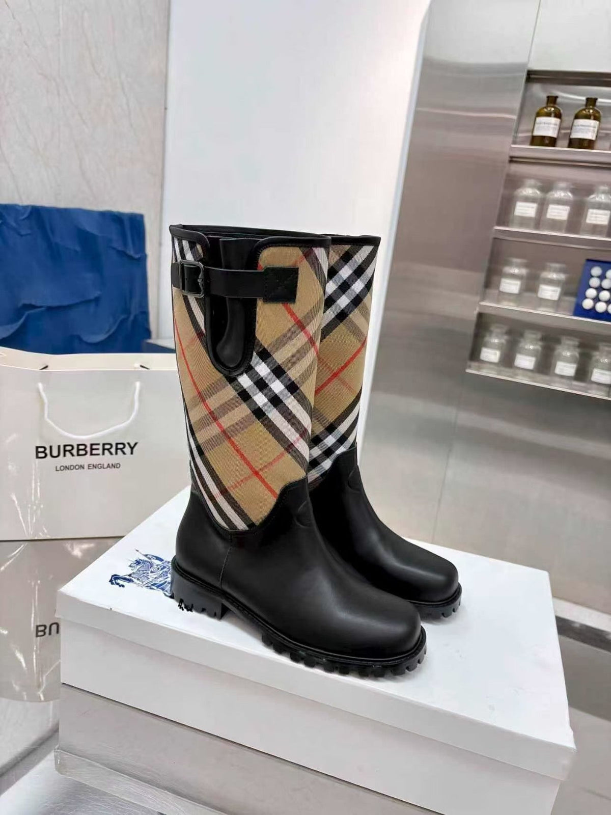 Burberry 2026 Marsh Stamp High Boots Black Beige Rubber Nylon