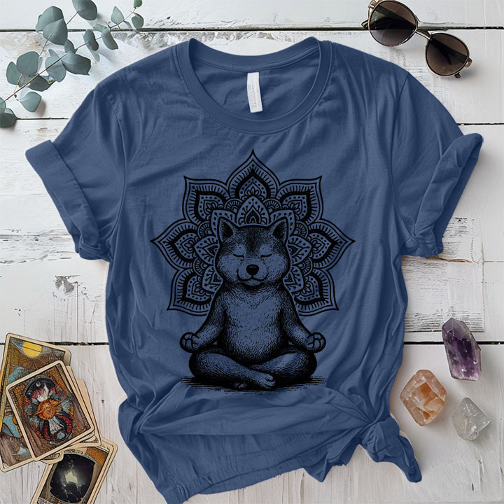 Meditating Shiba Dog Mandala T-Shirt Mockup Indigo Blue