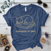 Namaste In Bed Cat T-Shirt Mockup Indigo Blue