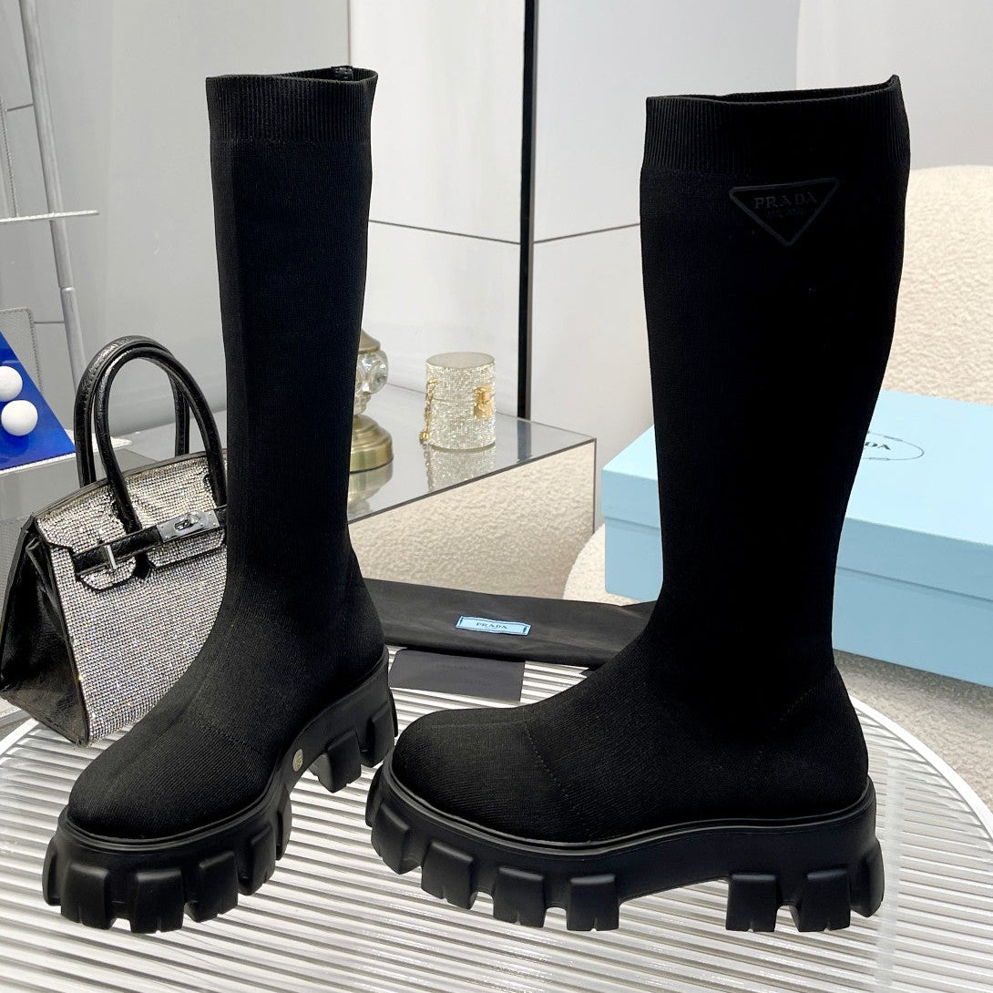 Prada 2026 Monolith Sock Boots 55mm Black Fabric 148340