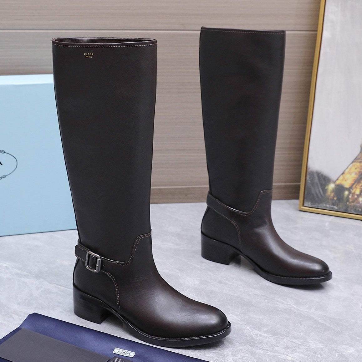 Prada 2026 Buckle Knee-High Boots Cowhide 170687