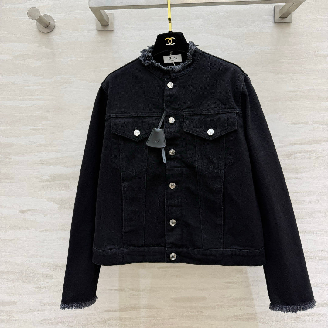 Celine 2026 Collarless Denim Jacket Blue And Black Cotton 431326