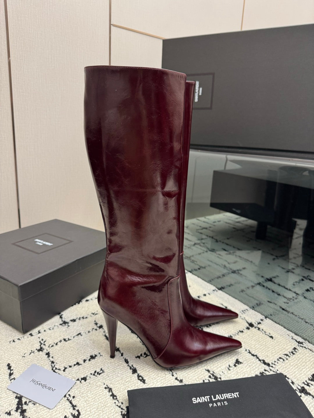 YSL 2026 Pointed Toe Knee- High Boots 100mm Leather 203340