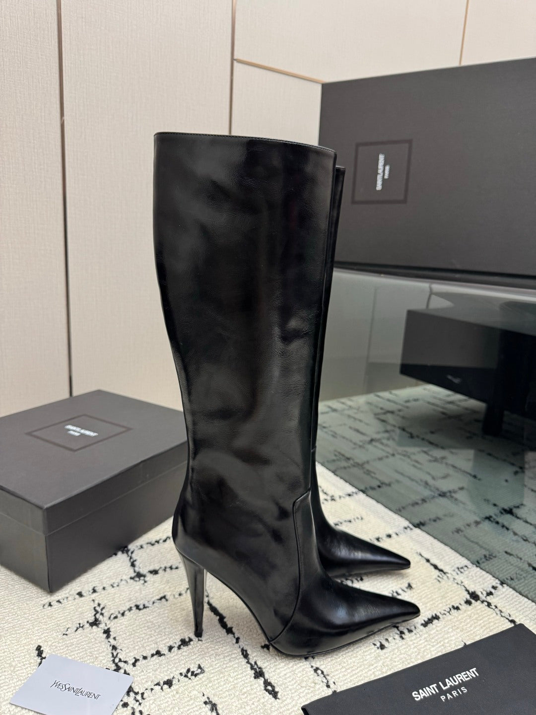 YSL 2026 Pointed Toe Knee- High Boots 100mm Leather 203340