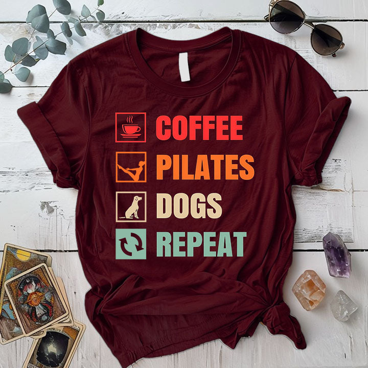 Coffee Pilates Dogs T Shirt Maroon Mockup