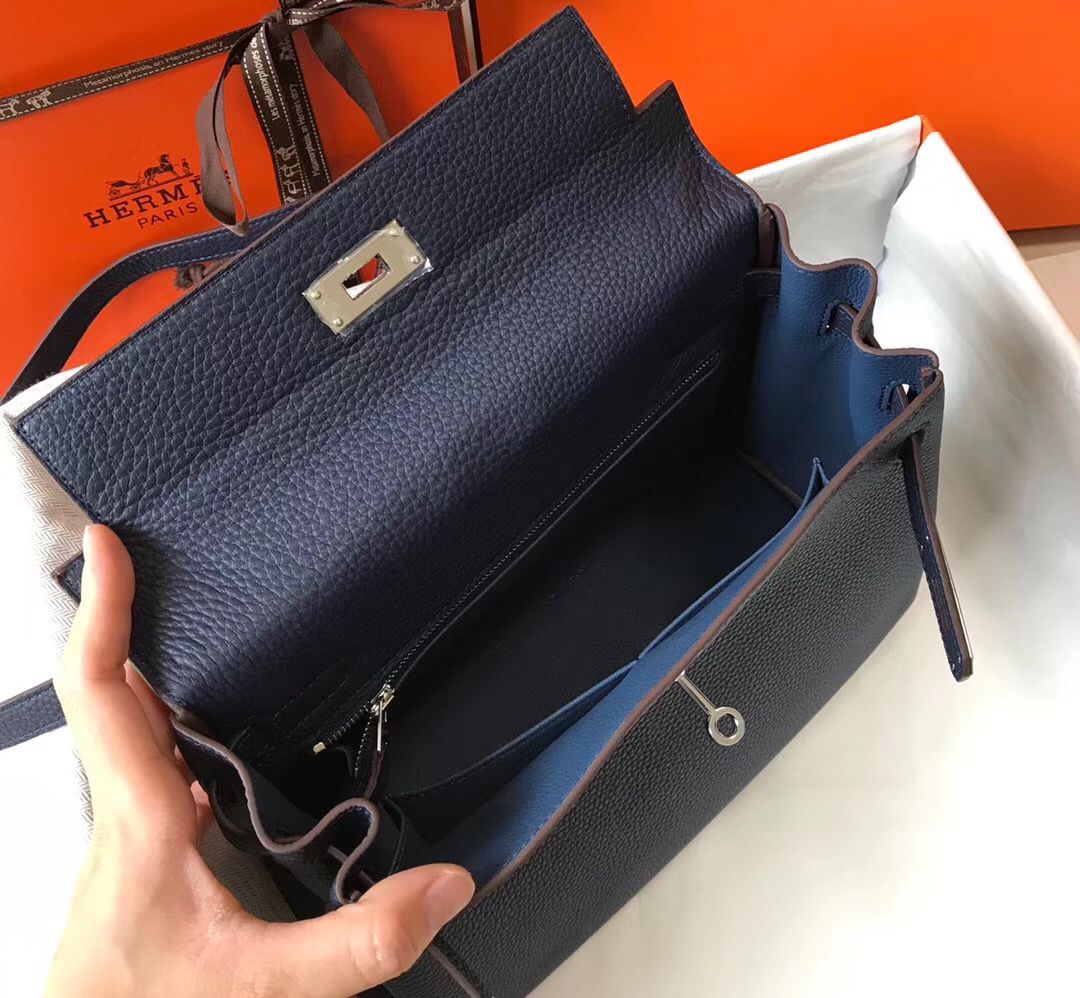 HM KELLY DARK BLUE TOGO LEATHER SILVER HARDWARE