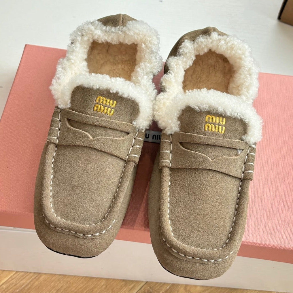 Miu Miu 2026 Ruches Shearling-Lined Penny Loafers Suede 994149