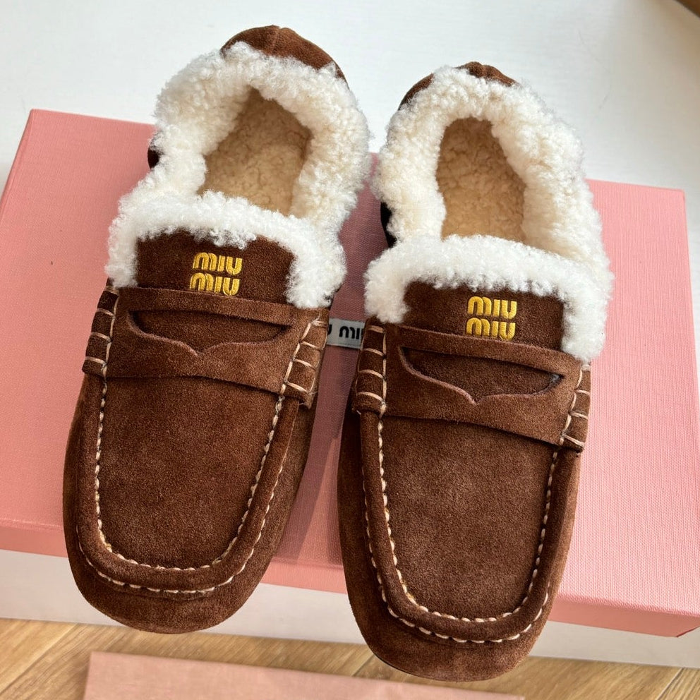 Miu Miu 2026 Ruches Shearling-Lined Penny Loafers Suede 994149