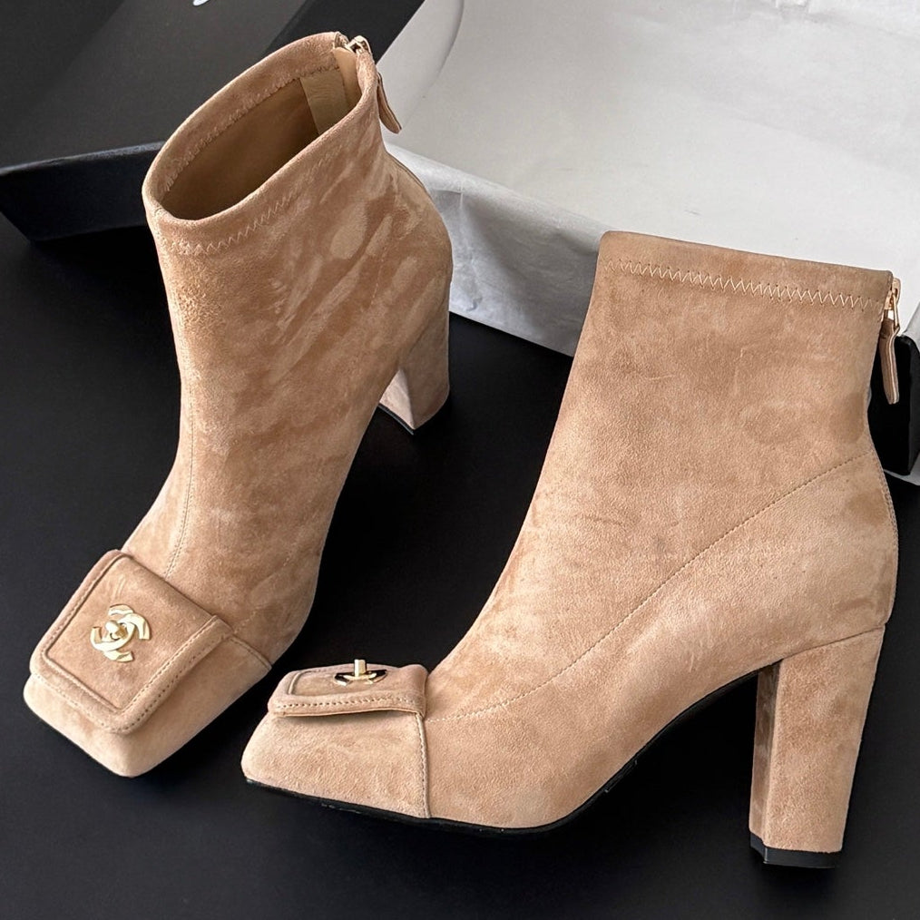Chanel 2026 Square Toe Ankle Boots 80mm Suede Leather 127924