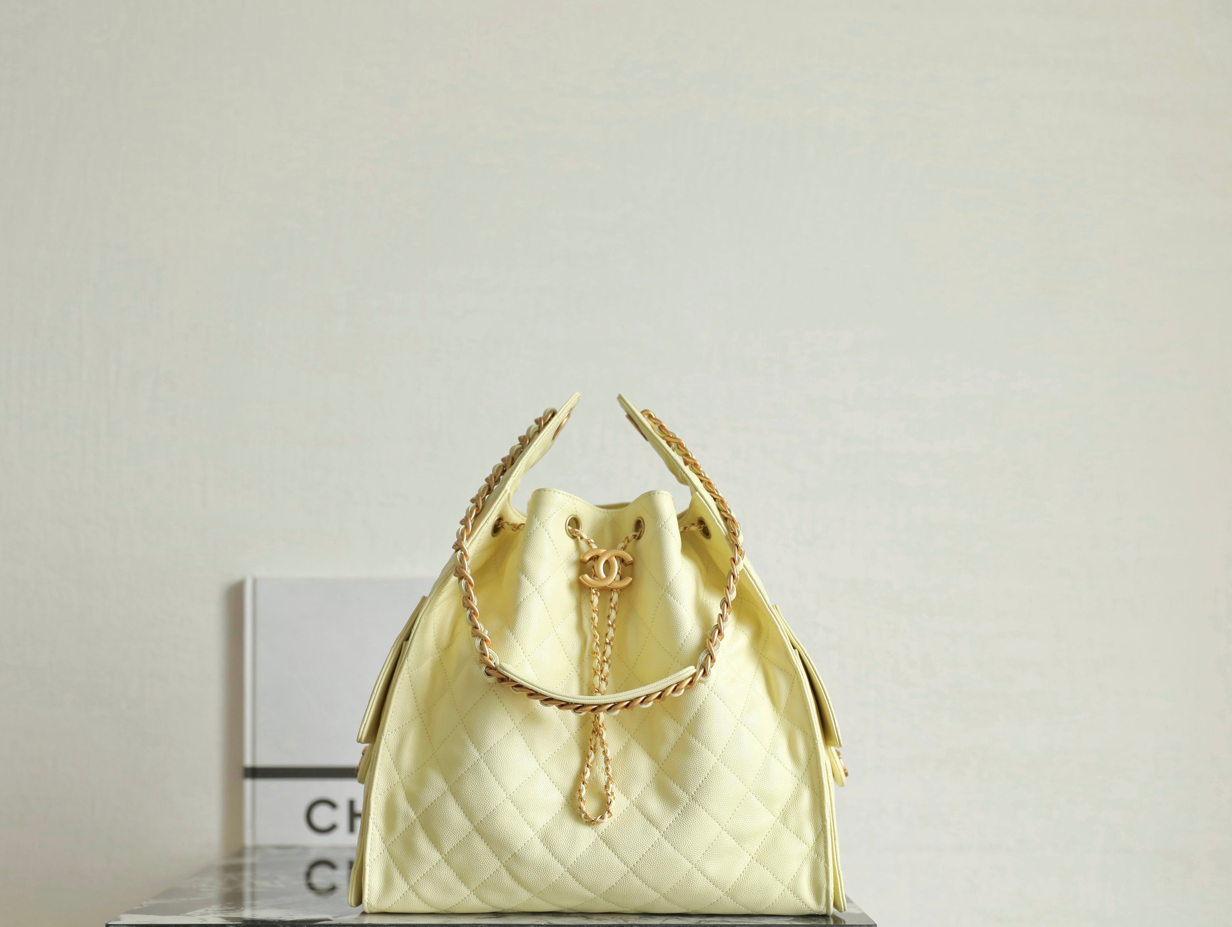 Chanel 2025 Hobo Bag Light Yellow Caviar Leather 344300