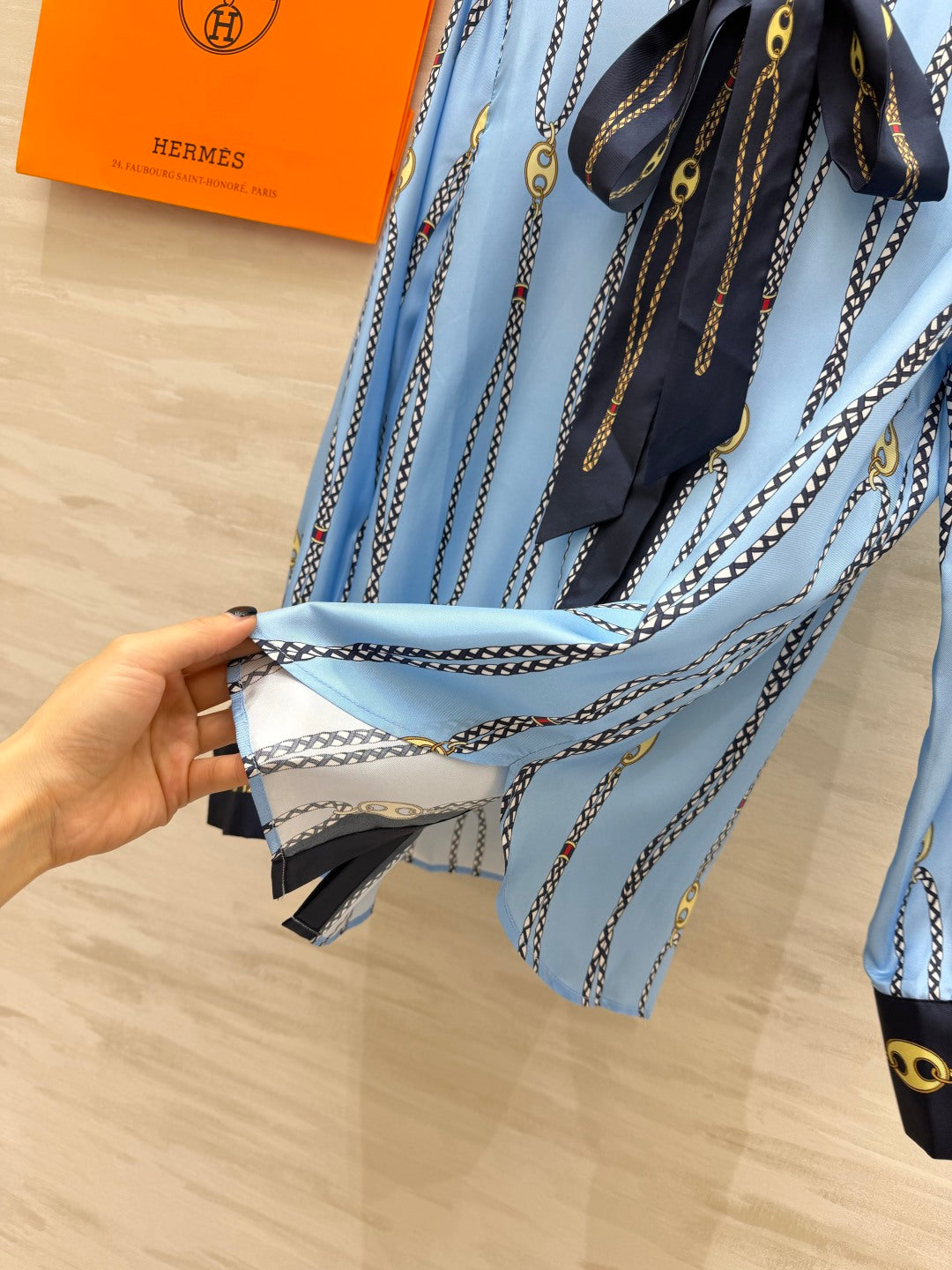 Hermes 2026 Chain Print Ribbon Shirt Blue Silk 408796