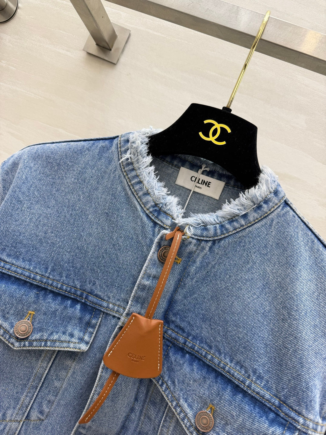 Celine 2026 Collarless Denim Jacket Blue And Black Cotton 431326