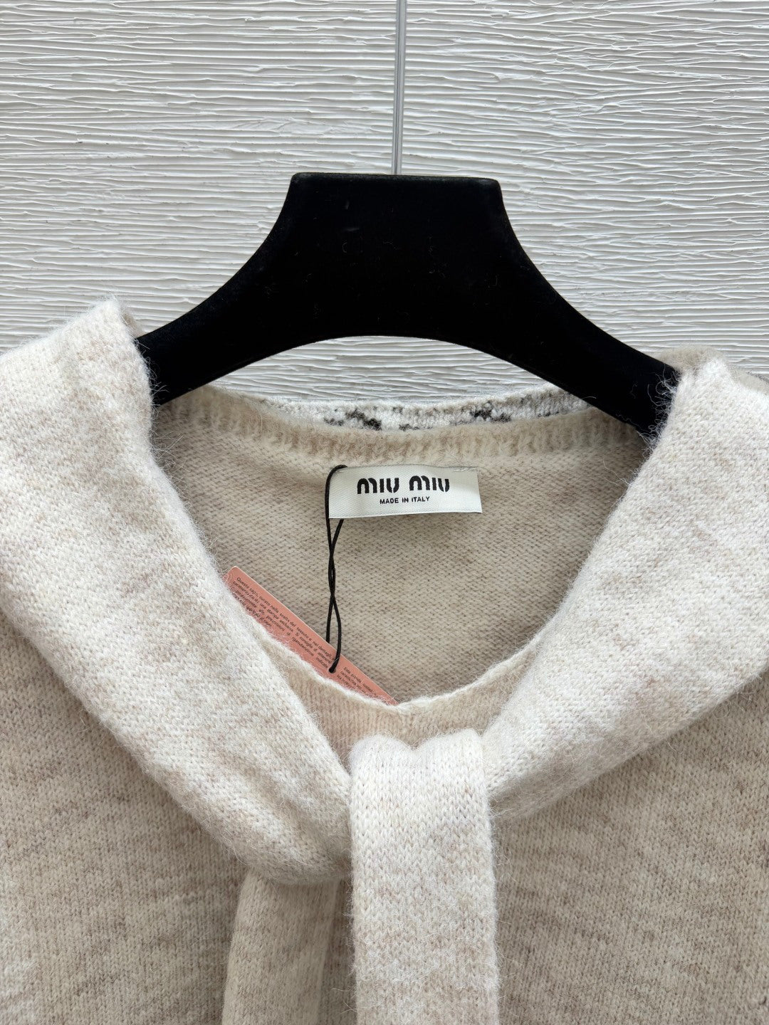 Miumiu 2026 Bow Shawl V-Neck Knitted Sweater Beige Black Wool 244642