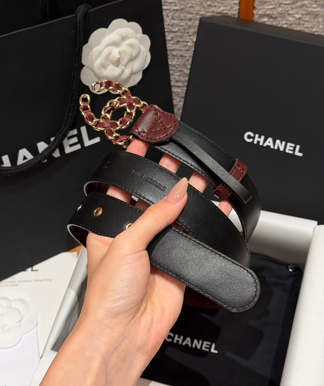 Chanel 2026 CC Buckle Gold Waist Belt Burgundy