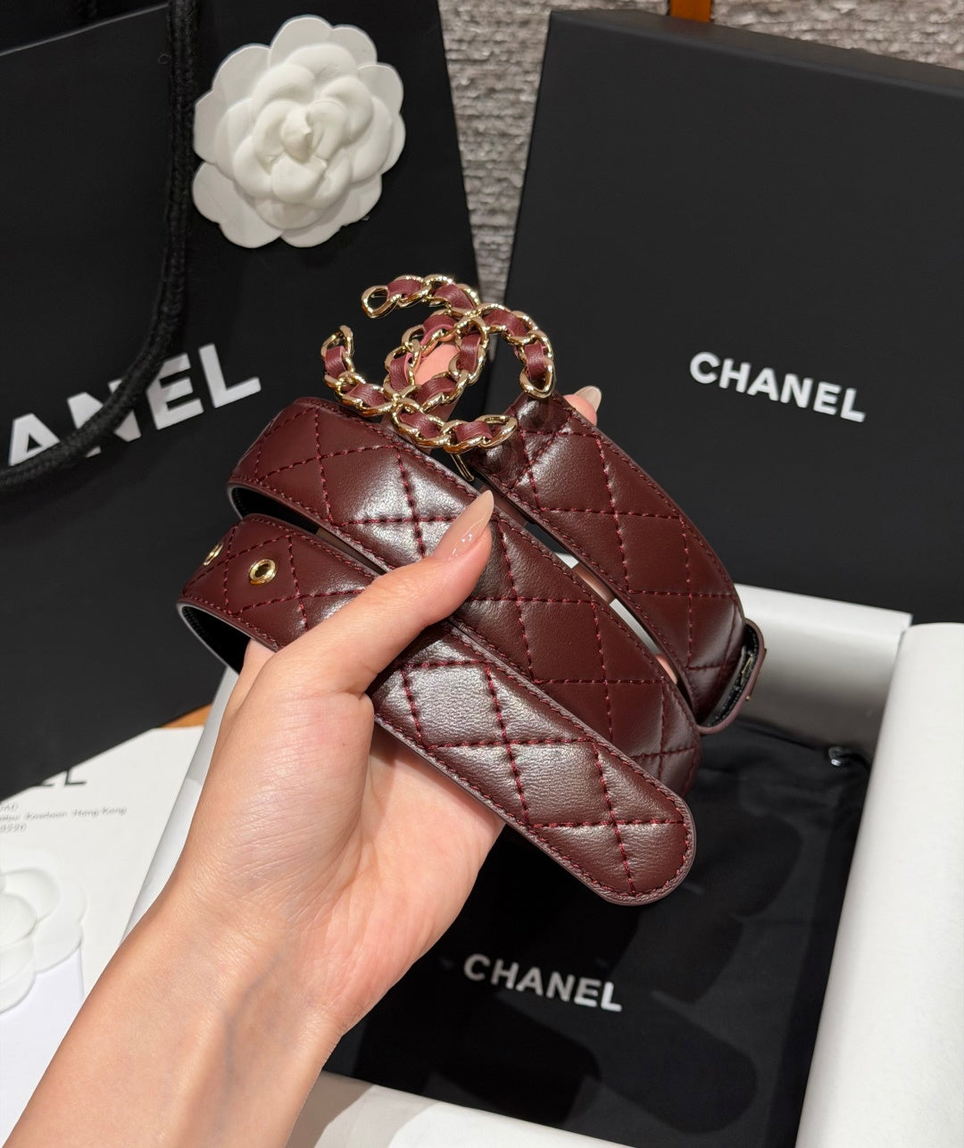 Chanel 2026 CC Buckle Gold Waist Belt Burgundy