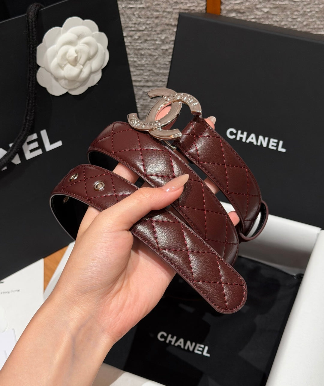 Chanel 2026 Interlocking CC Quilted Belt Burgundy