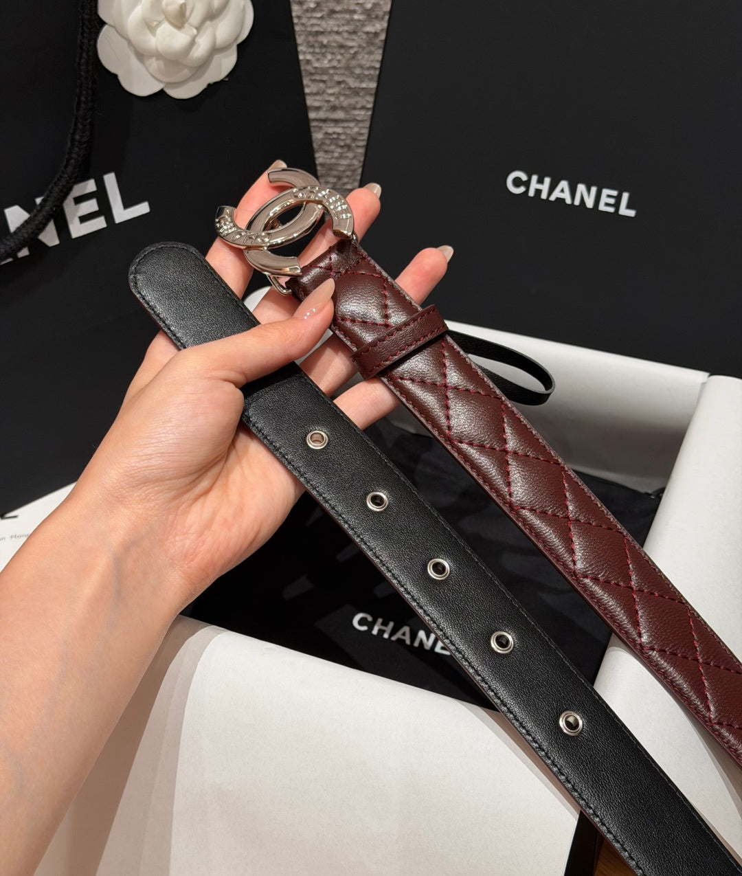 Chanel 2026 Interlocking CC Quilted Belt Burgundy