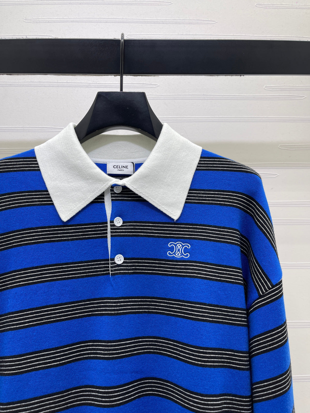Celine 2026 Long-Sleeved Blue Striped Polo Shirt Cotton 430338