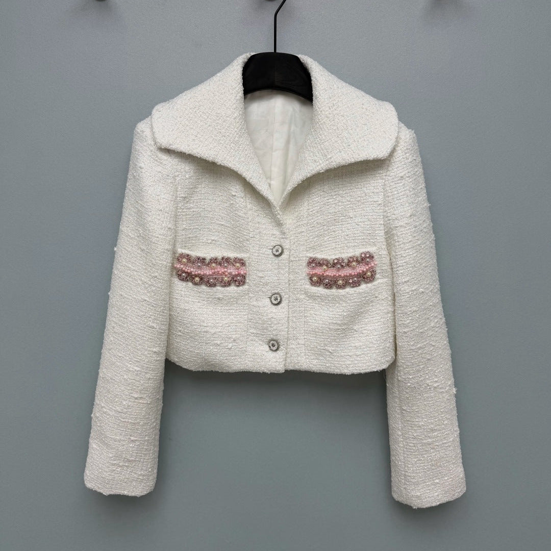 Chanel 2026 White Tweed Short Jacket with Pink Beads 425106
