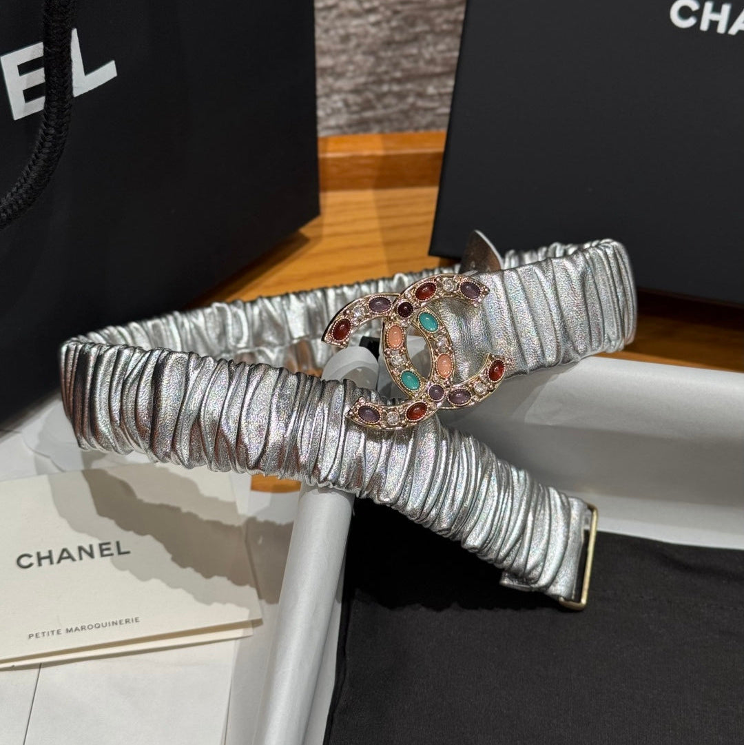 CC Rhinestone Belt 3.0CM Sliver Metallic Cowhide Multicolor Buckle 198411