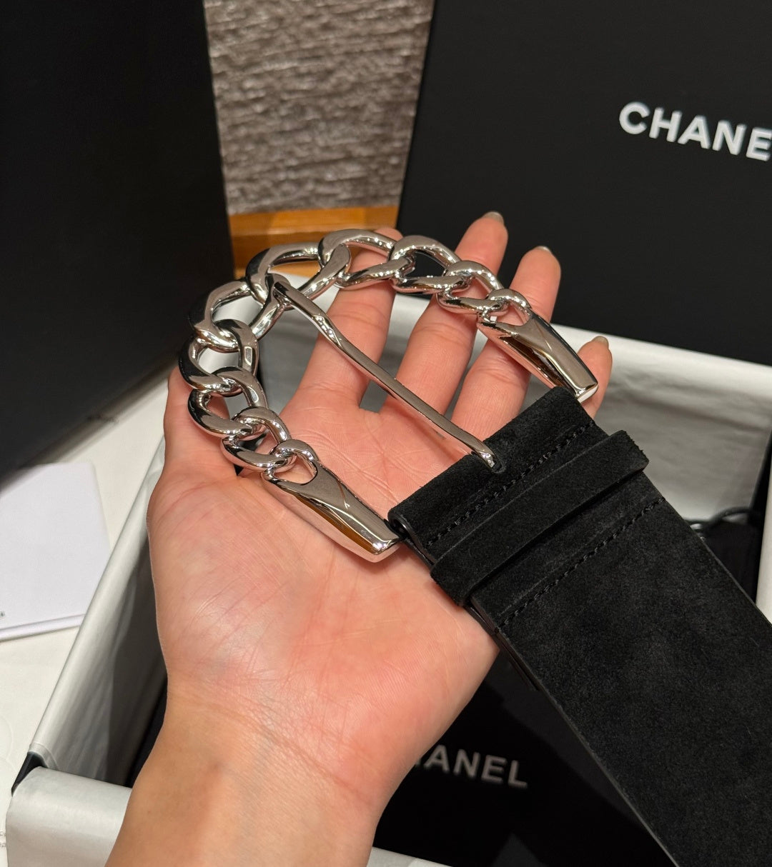 Chanel 2026 Wide Chain Buckle Belt 60mm Suede 207183