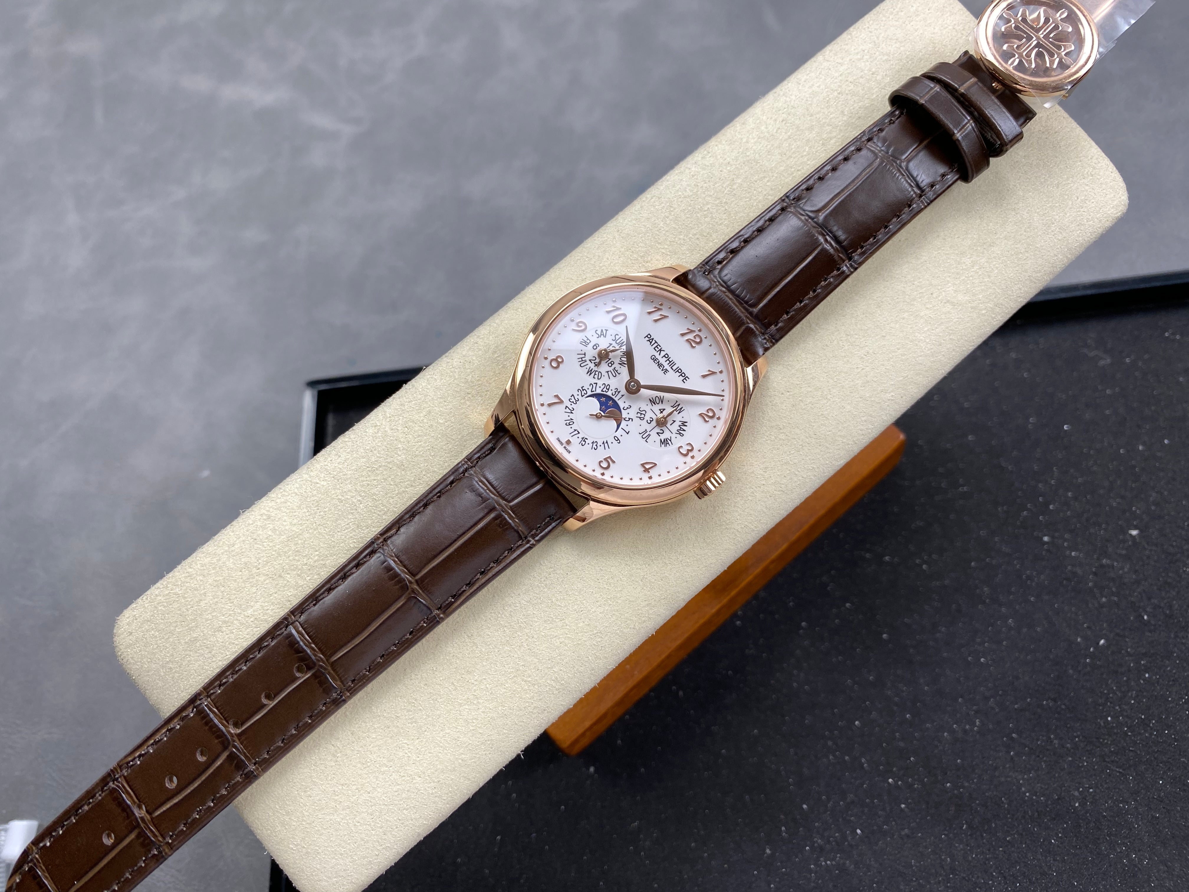 Patek Philippe Perpetual Calendar 39mm Rose Gold Case Brown Leather Strap
