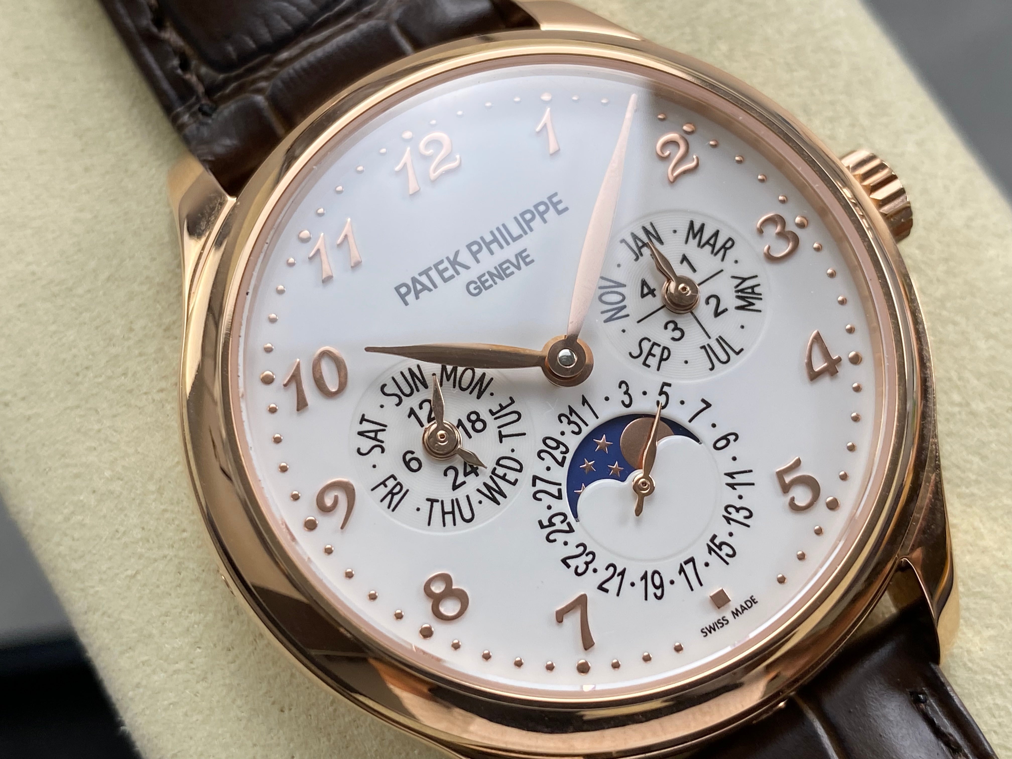 Patek Philippe Perpetual Calendar 39mm Rose Gold Case Brown Leather Strap