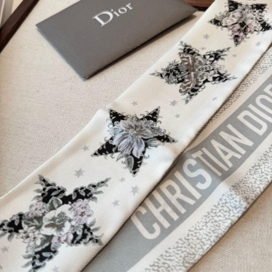 Dior 2026 Star Scarf 100cm White And Gray Silk 198691