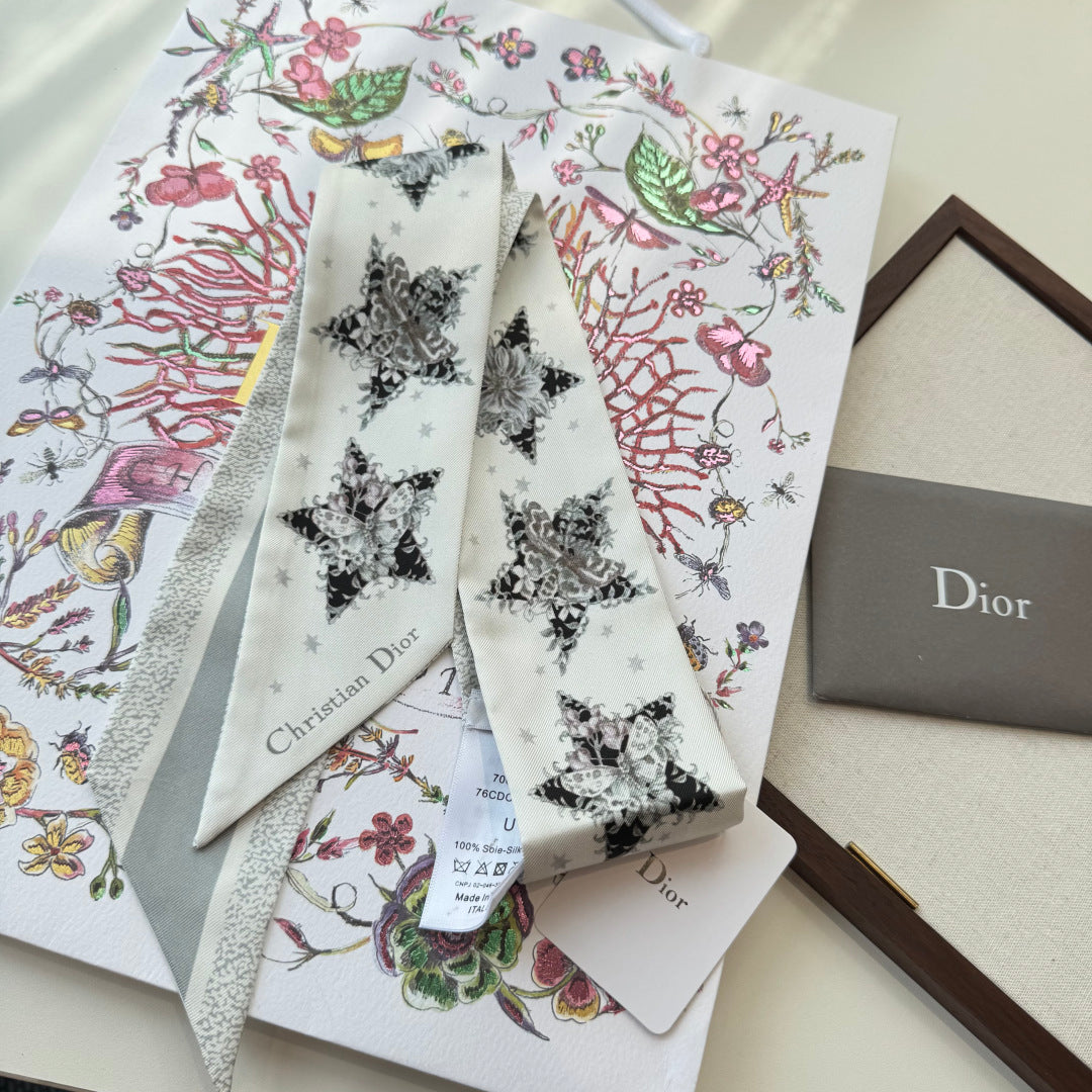 Dior 2026 Star Scarf 100cm White And Gray Silk 198691