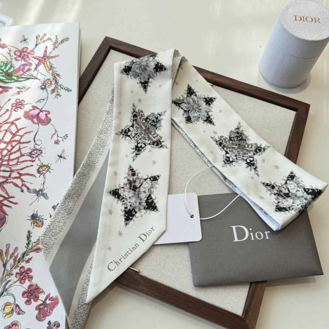 Dior 2026 Star Scarf 100cm White And Gray Silk 198691