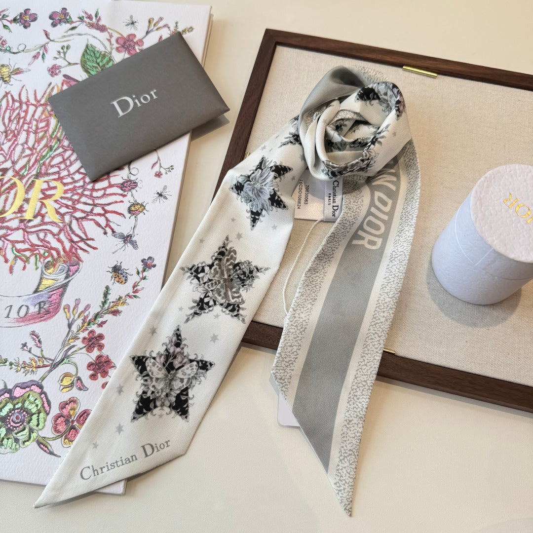 Dior 2026 Star Scarf 100cm White And Gray Silk 198691