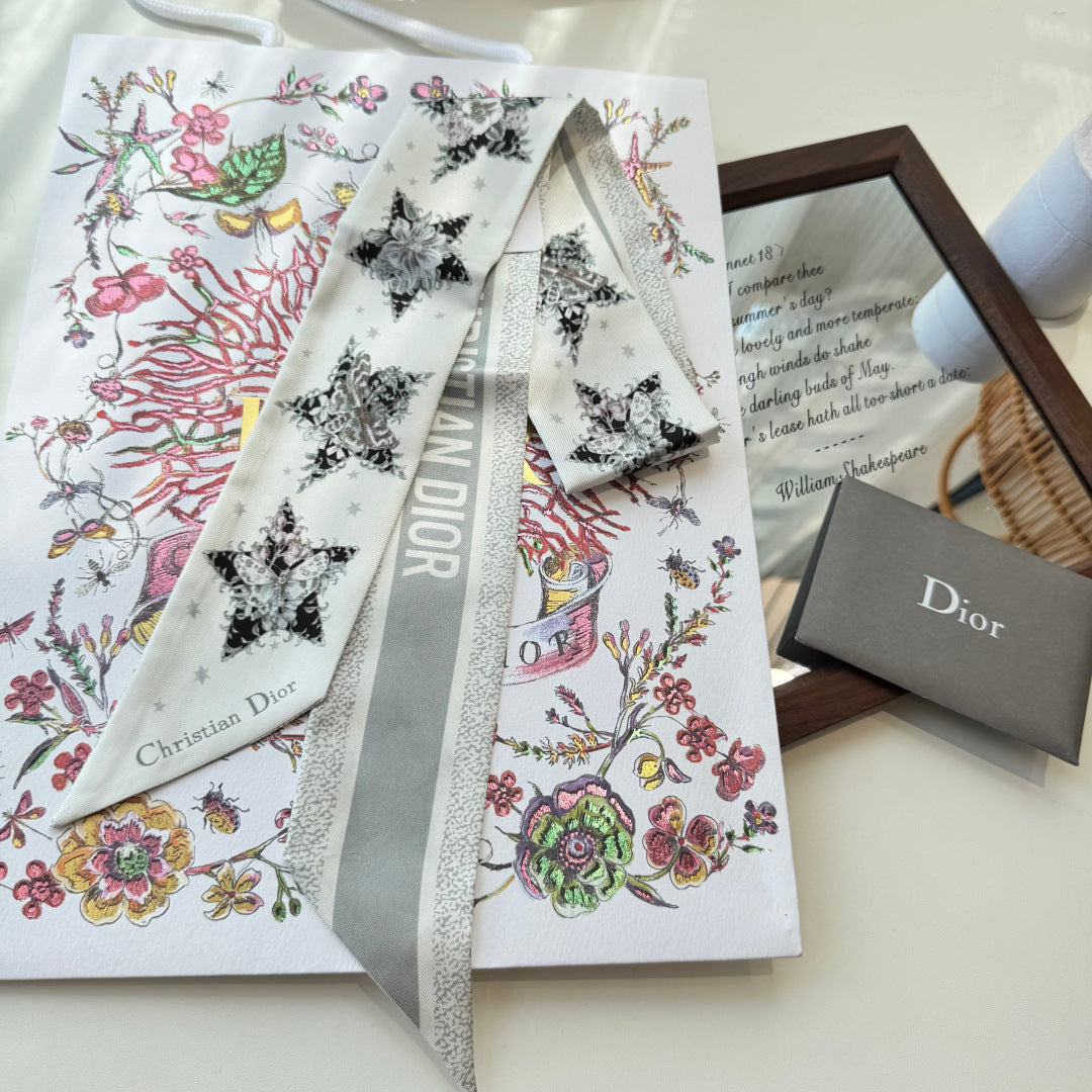 Dior 2026 Star Scarf 100cm White And Gray Silk 198691