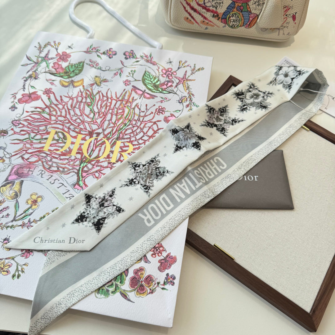 Dior 2026 Star Scarf 100cm White And Gray Silk 198691