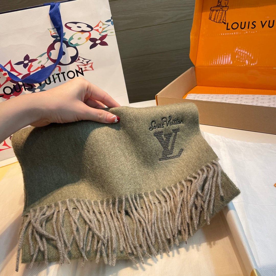 LV Men's Scarf 180cm Olive Green Wool Cashmere 978828