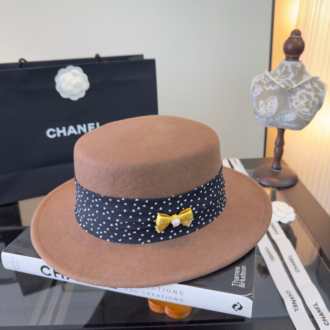 Chanel Polka-Dot Ribbon Cashmere Flat-Top Hat 491493