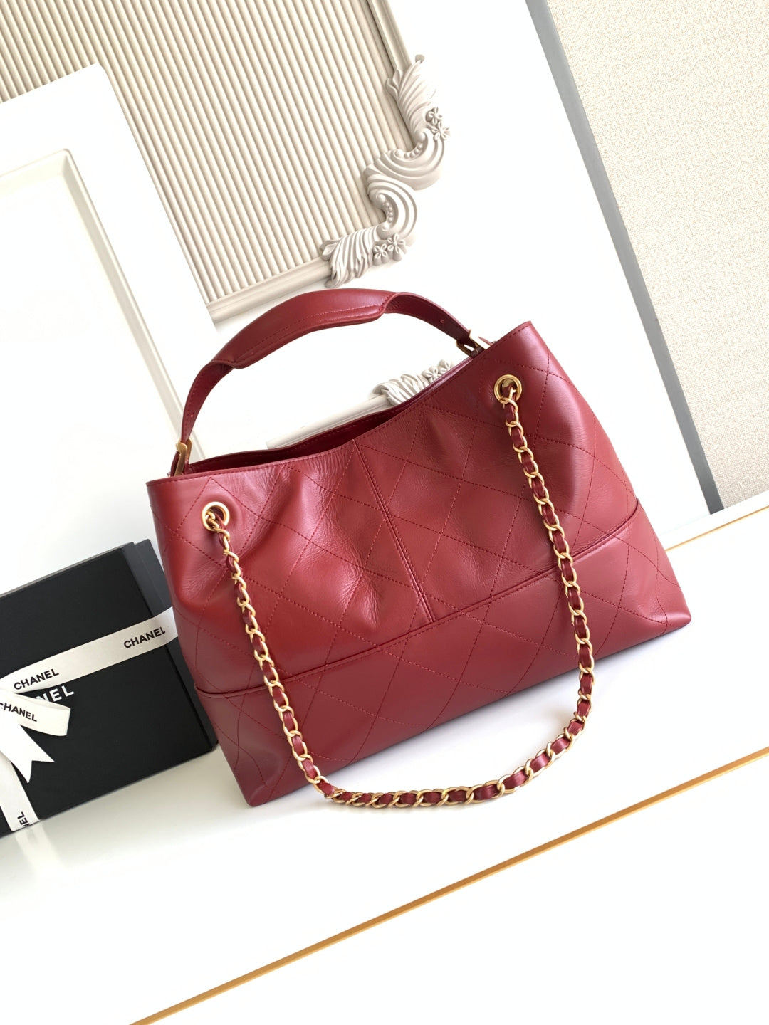 Chanel 2026 Stitched Shopping Bag 36cm Red Calfskin 348239