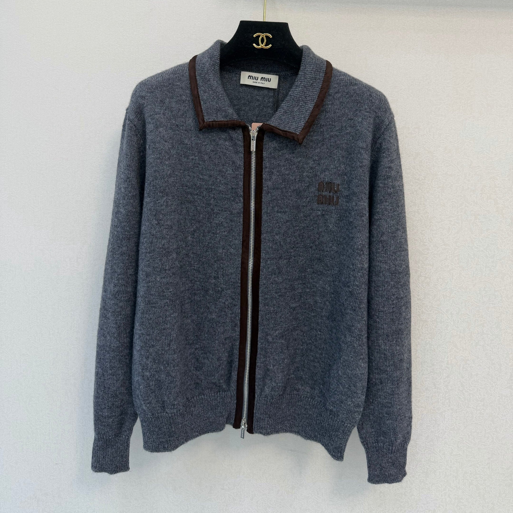 Miumiu 2026 Collared Double-zip Cardigan Grey Wool 425587