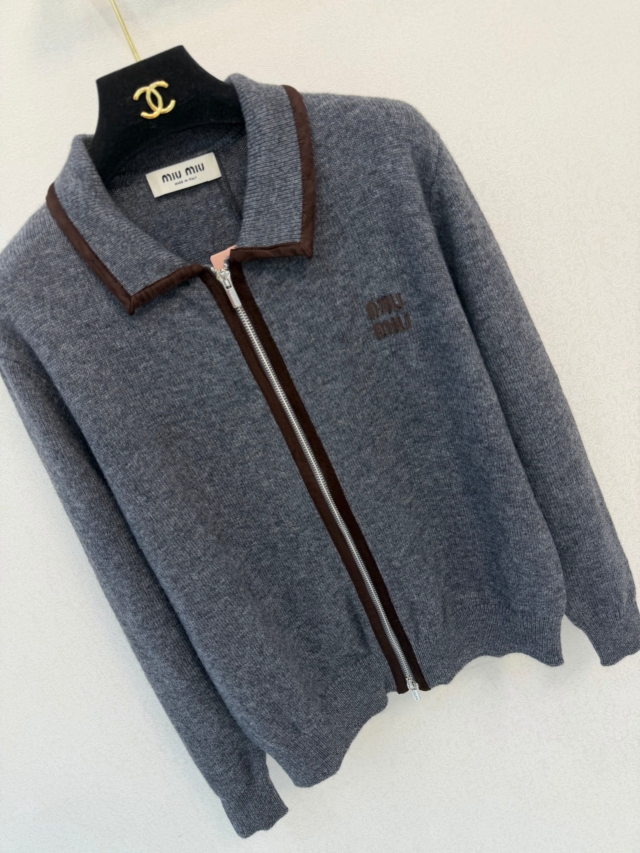 Miumiu 2026 Collared Double-zip Cardigan Grey Wool 425587