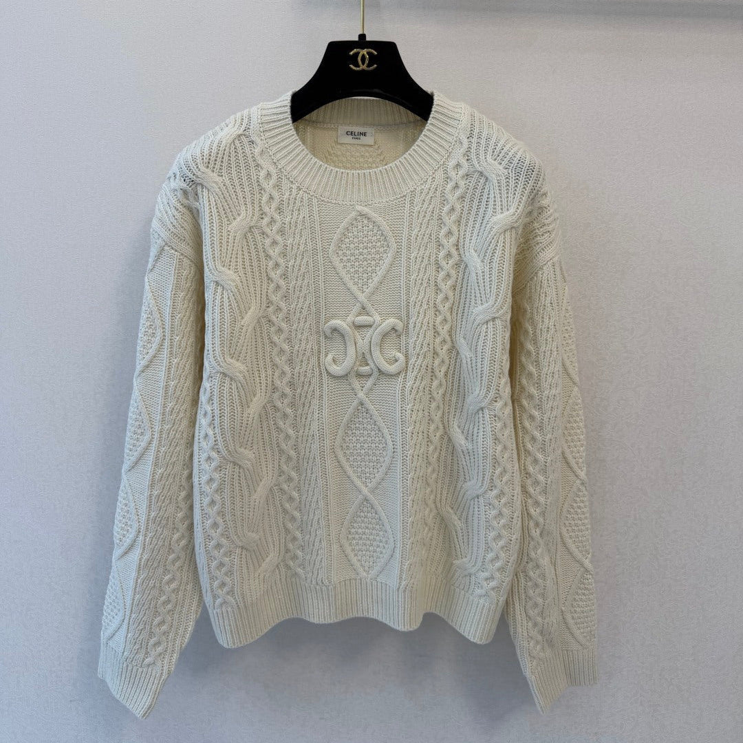 Celine 2026 Cable-knit Crewneck Sweater Creamy White Wool 433565