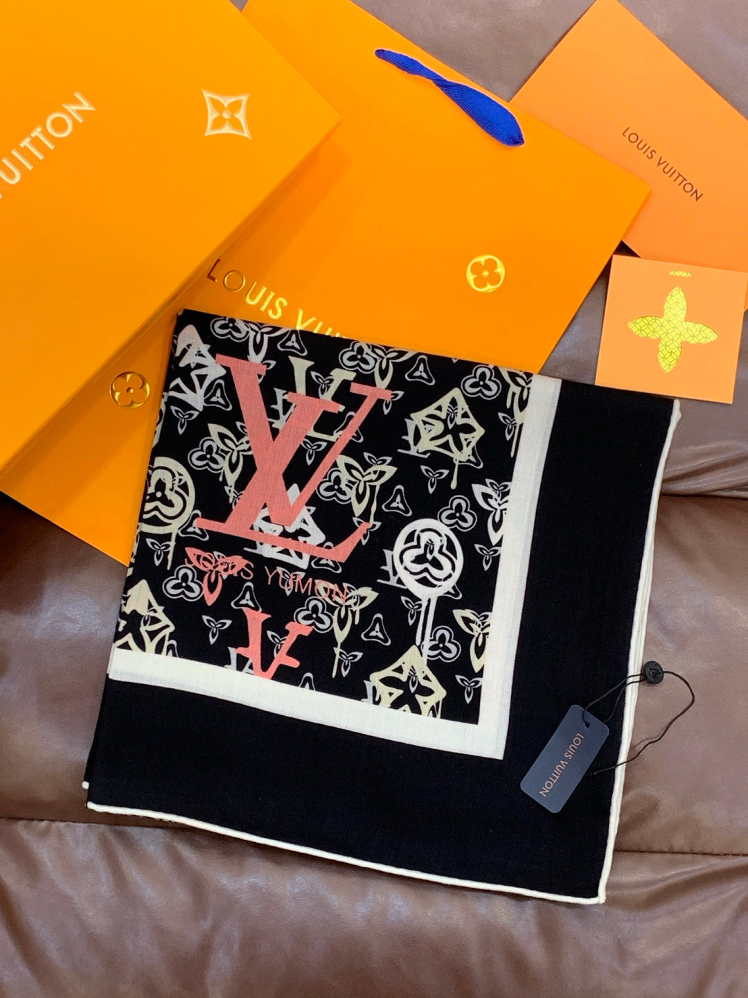 LV X TM MONOGRAM Scarf  Black Pink Blue Silk Cashmere 965396
